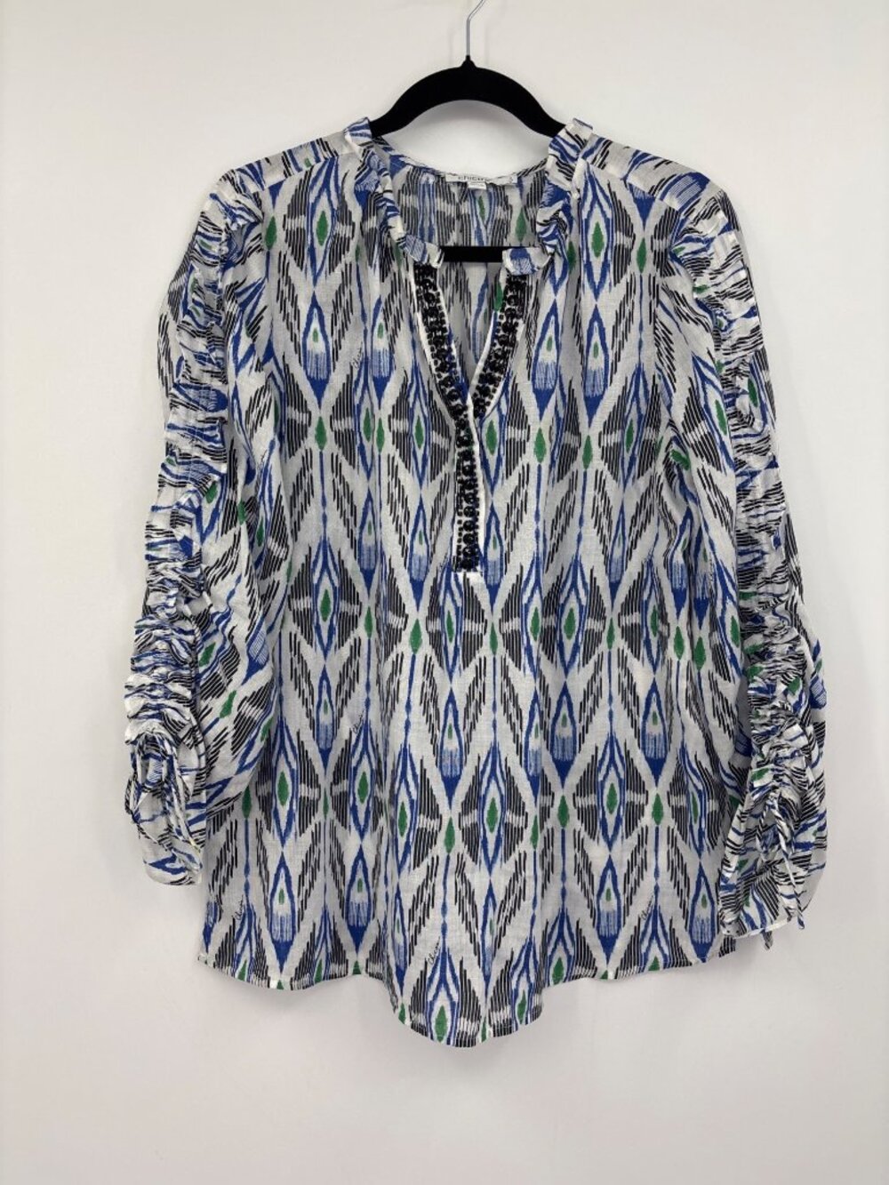 Chico's Ikat Ramie Blouse Boho Peasant Ruffle Drawstring Sleeve Blue Size 2/12